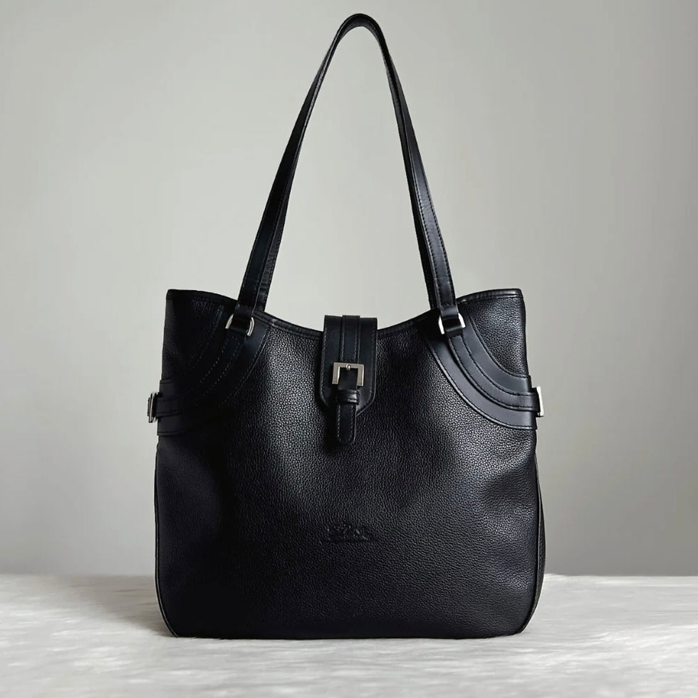 Longchamp Black Leather Buckle Detail Carryall Shoulder Bag Excellent