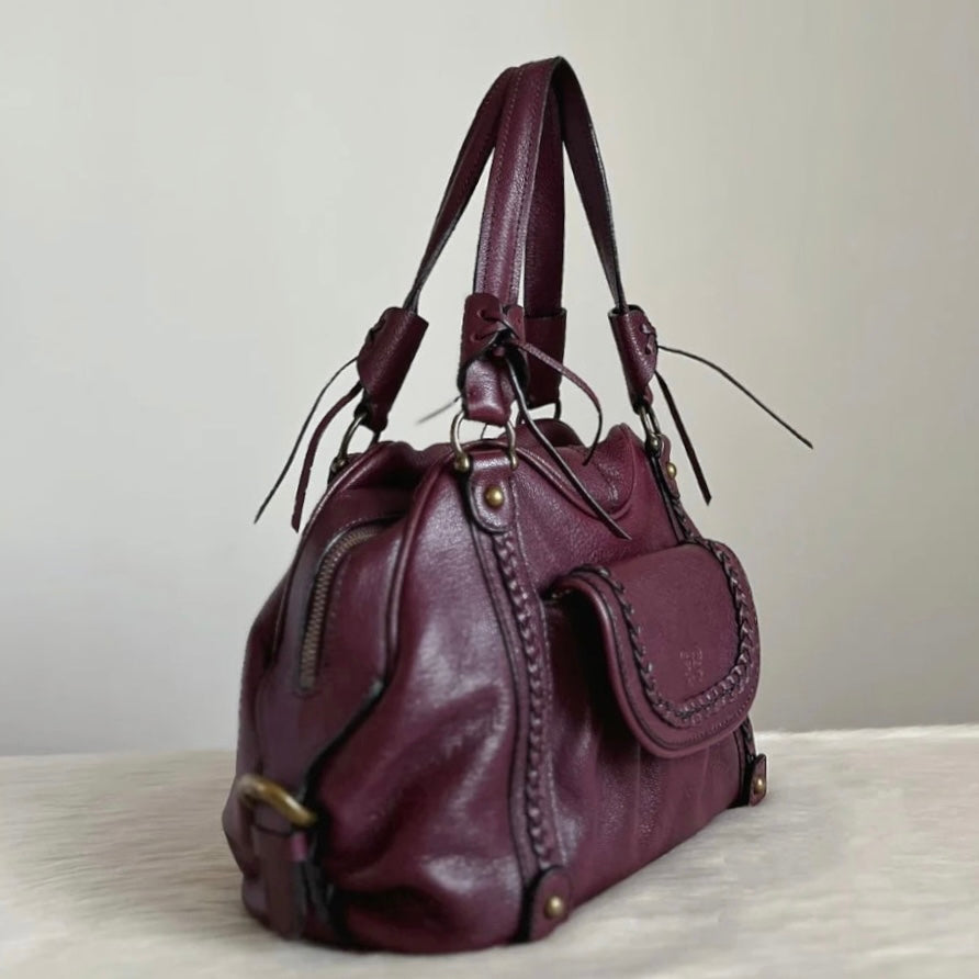 Anna Sui Burgundy Leather Pleated Detail Shoulder Bag Excellent