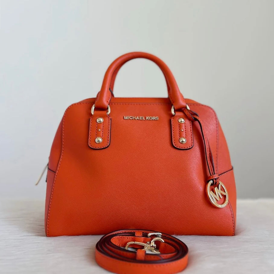 Michael Kors Orange Saffiano Leather MK Charm 2 Way Shoulder Bag Excellent