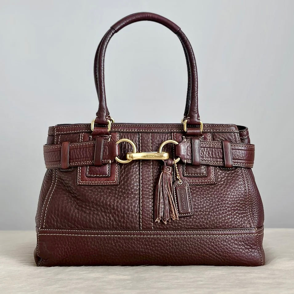 Coach Chocolate Leather Front Buckle Tassel Charm Shoulder Bag Excellent