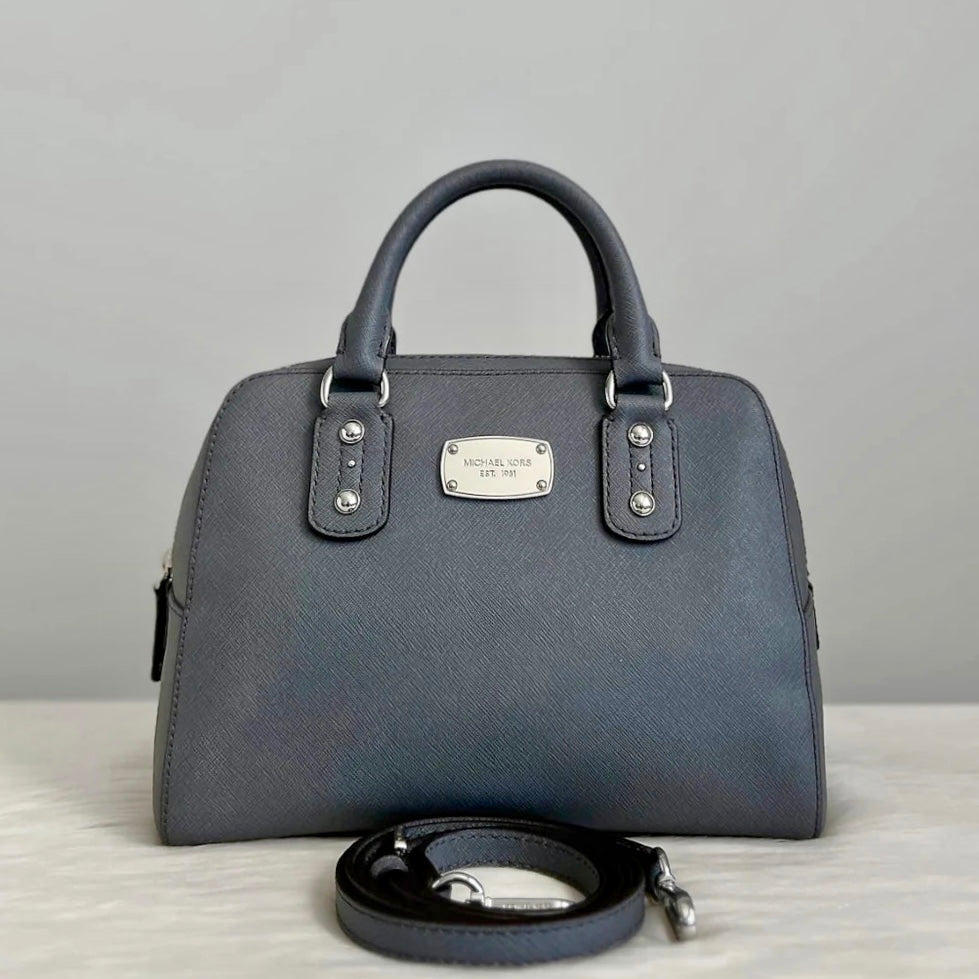 Michael Kors Grey Leather MK Charm Boston Shoulder Bag Excellent