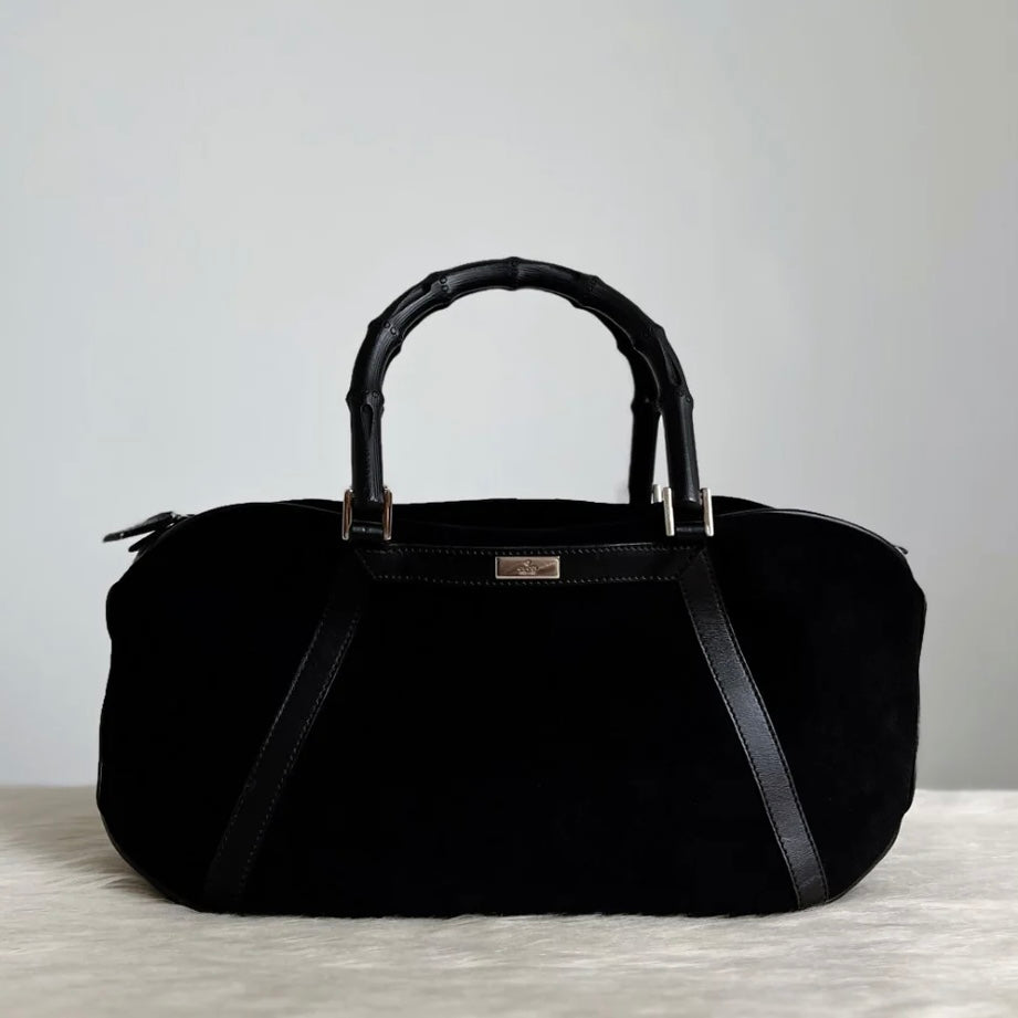 Gucci Black Suede Signature Bamboo Boston Tote Bag