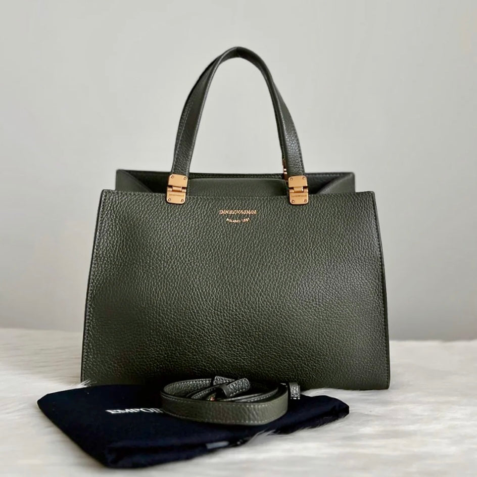 Emporio Armani Olive Leather Front Logo 2 Way Shoulder Bag Like New