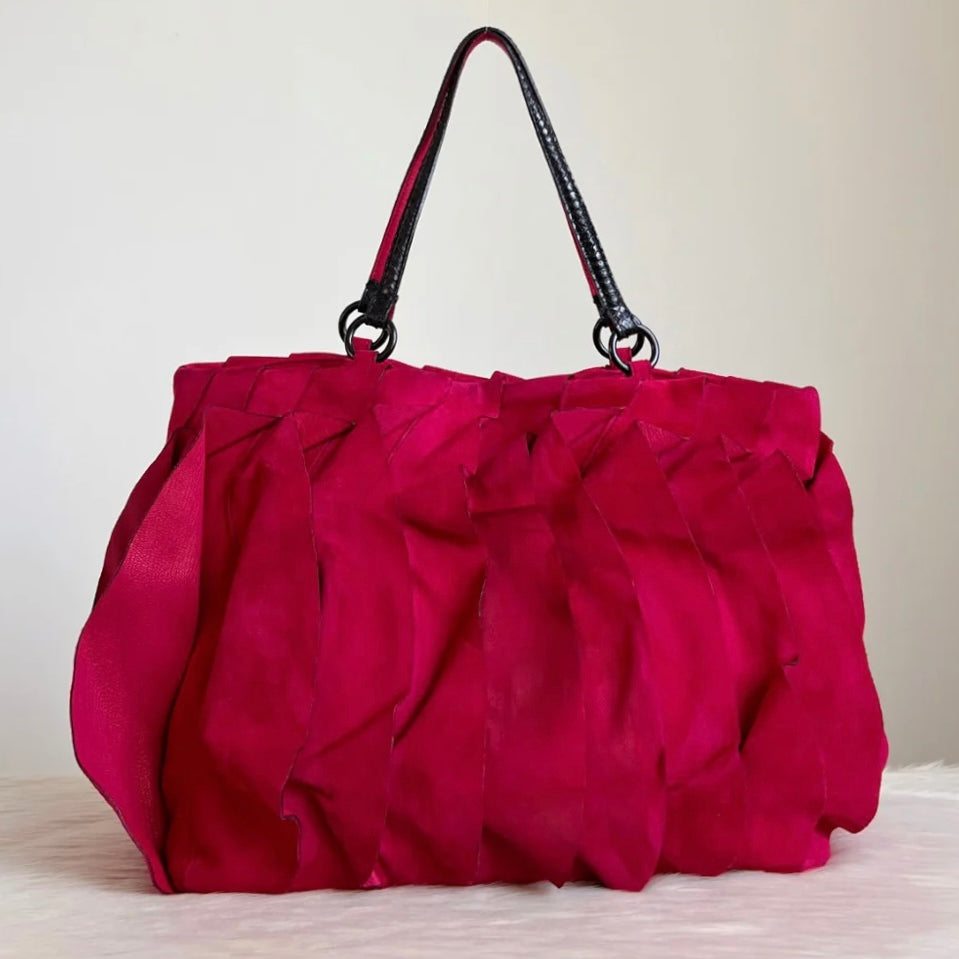 Valentino Fuchsia Suede Signature Rose Large Triple Compartment Shoulder Bag