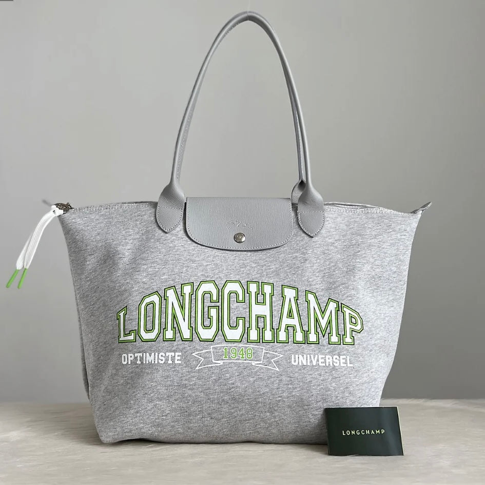 Longchamp Grey Leather Front Pattern Signature Shoulder Bag