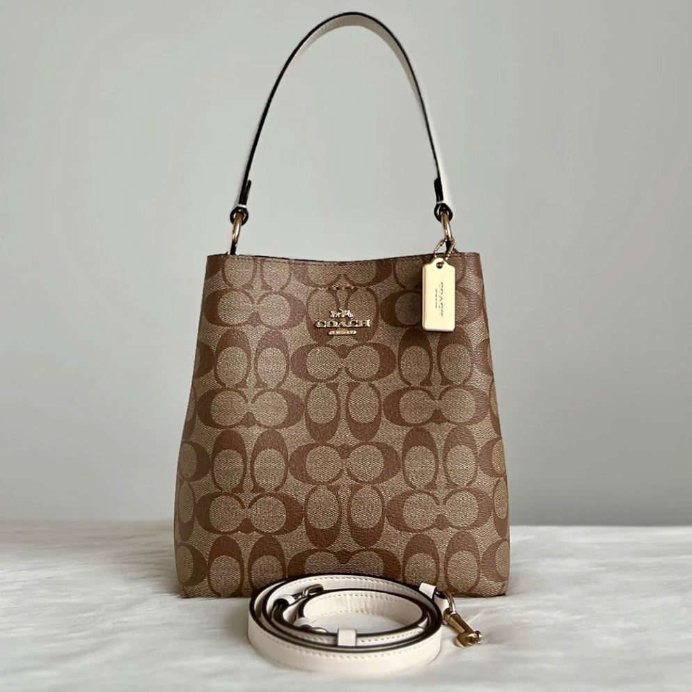 Coach White Leather Monogram Triple Compartment Bucket 2 Way Shoulder Bag Like New