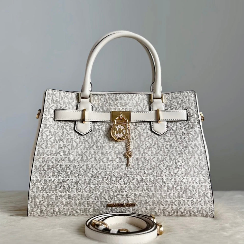 Michael Kors Creamy Leather Monogram Padlock Detail 2 Way Shoulder Bag Like New