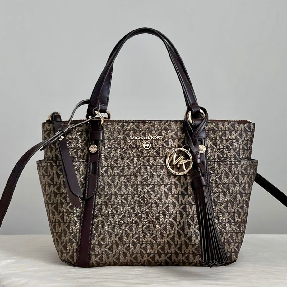 Michael Kors Dark Chocolate Leather Monogram Front Logo 2 Way Shoulder Bag Like New