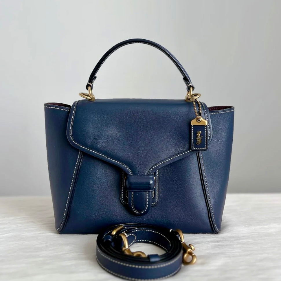 Coach Navy Leather Buckle Flap 2 Way Shoulder Bag Excellent