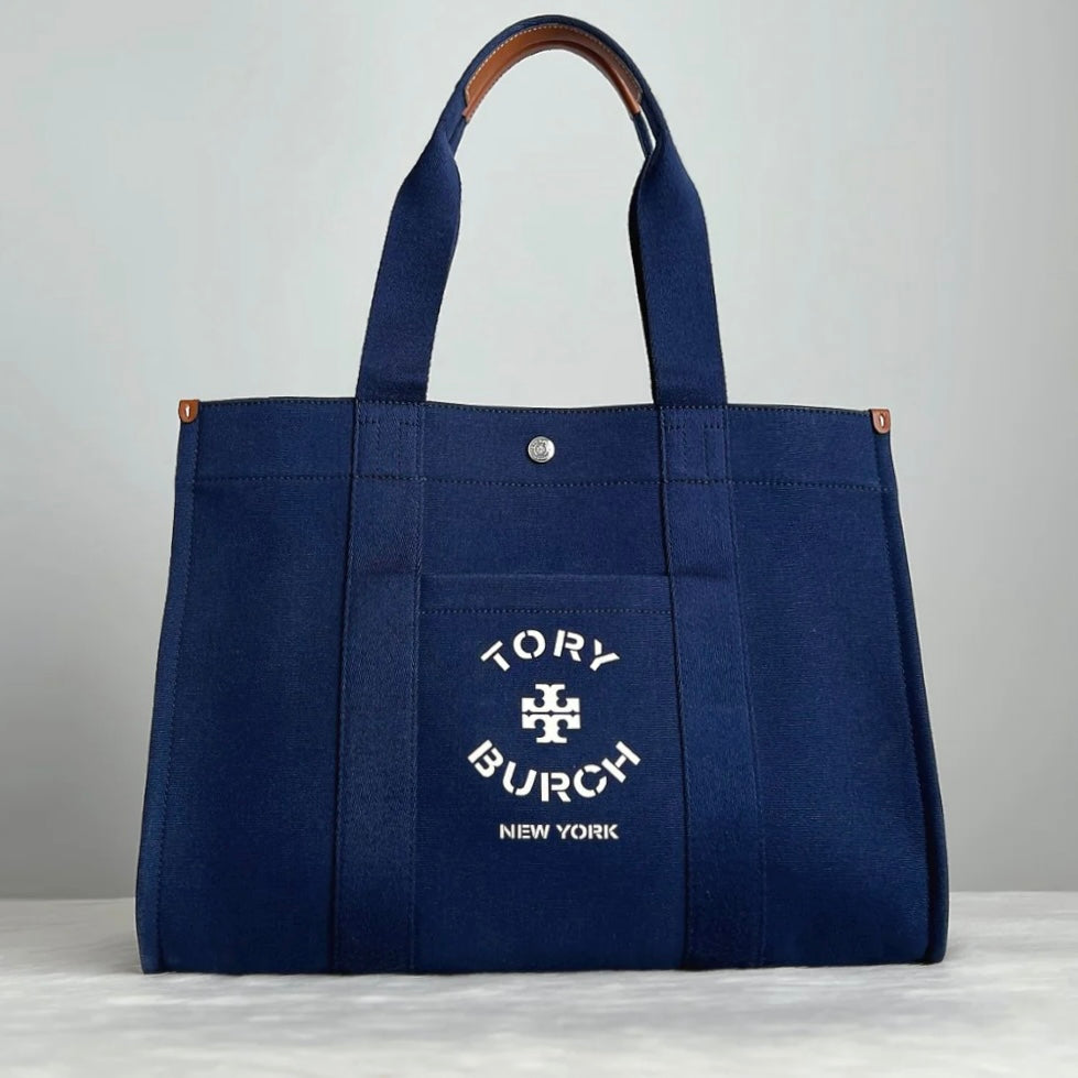 Tory Burch Two Tone Patchwork Front Logo Carryall Book Tote Shoulder Bag Like New