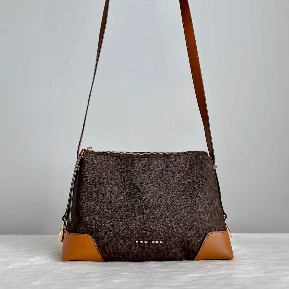 Michael Kors Caramel Leather Monogram Front Logo Crossbody Shoulder Bag Like New