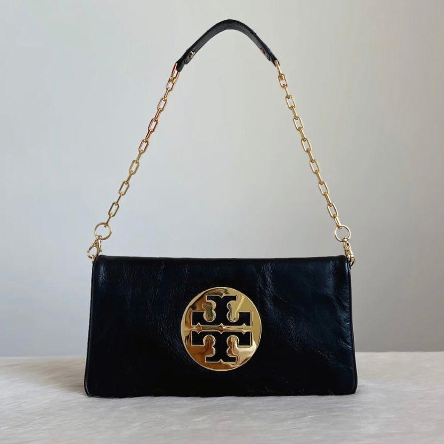 Tory Burch Black Leather Front Logo Chain Shoulder Bag Excellent