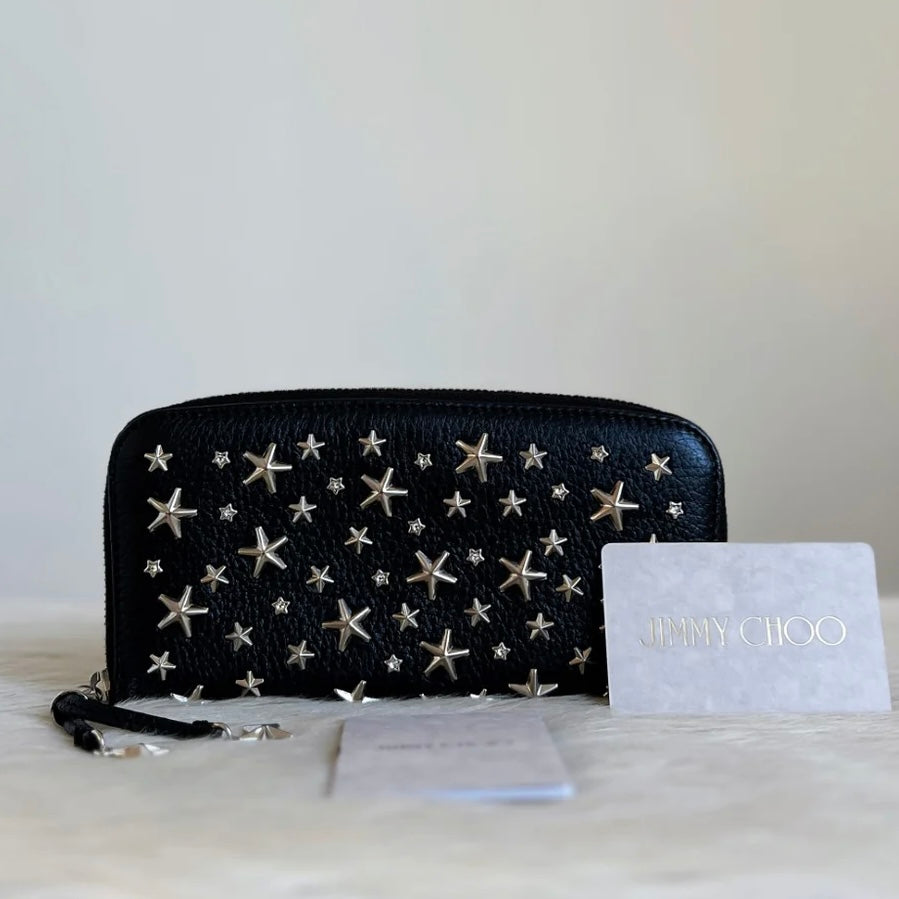 Jimmy Choo Black Leather Star Studs Zip Compartment Long Wallet Excellent