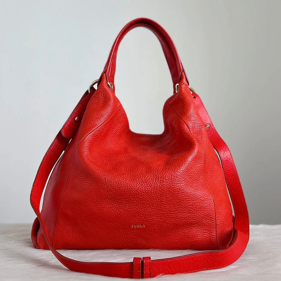 Furla Orange Red Leather Slouchy Side Zip Detail 2 Way Shoulder Bag