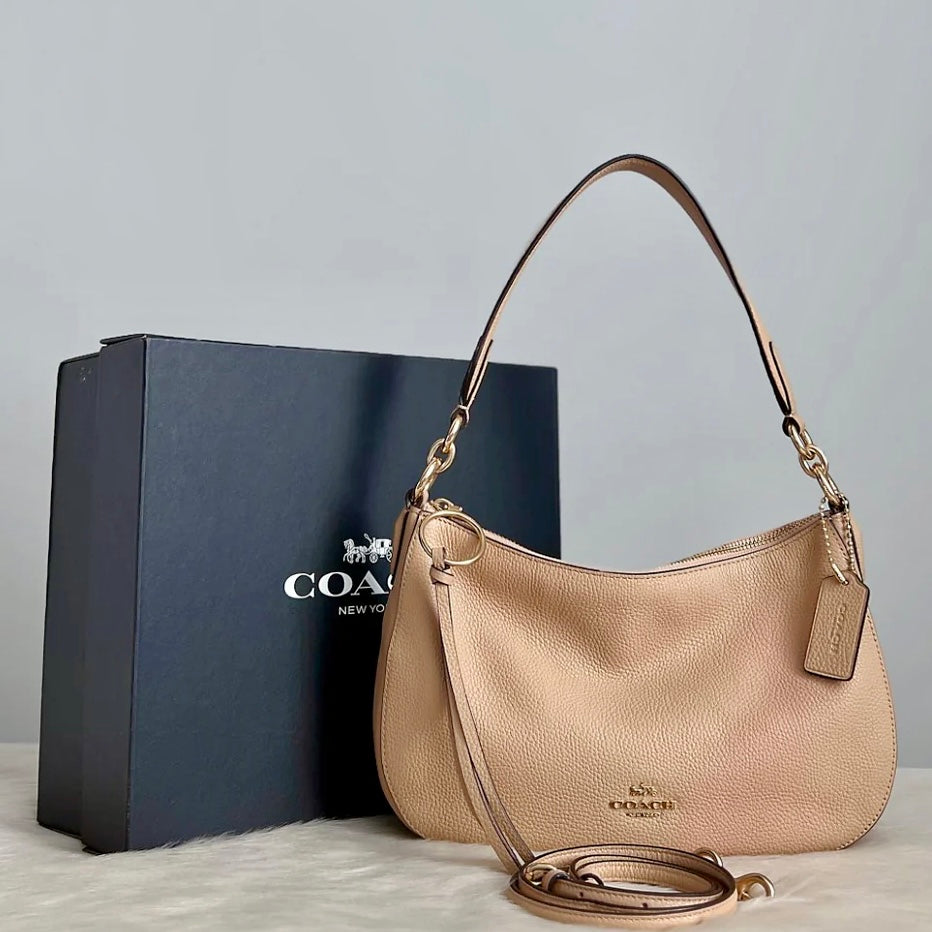 Coach Beige Leather Tassel Charm Slouchy 2 Way Shoulder Bag New with Box