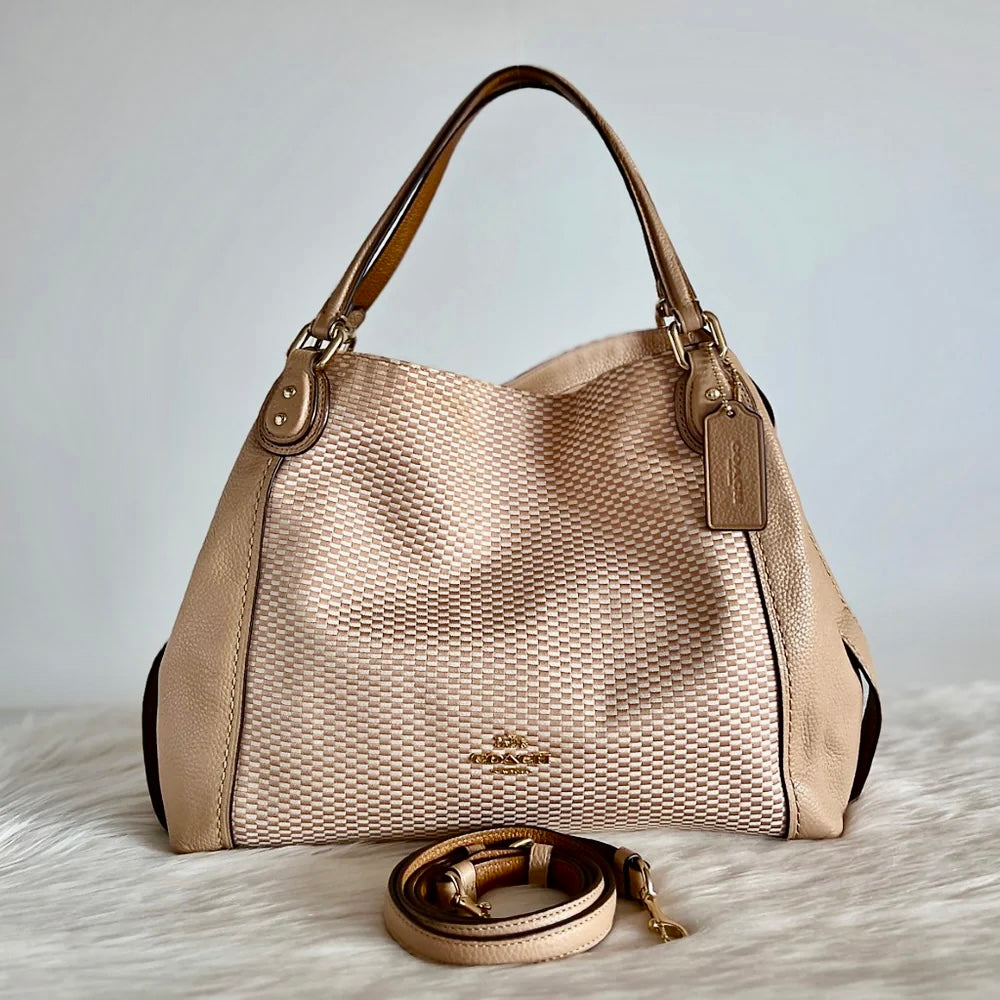 Coach Beige Leather Front Logo Patchwork 2 Way Shoulder Bag Excellent