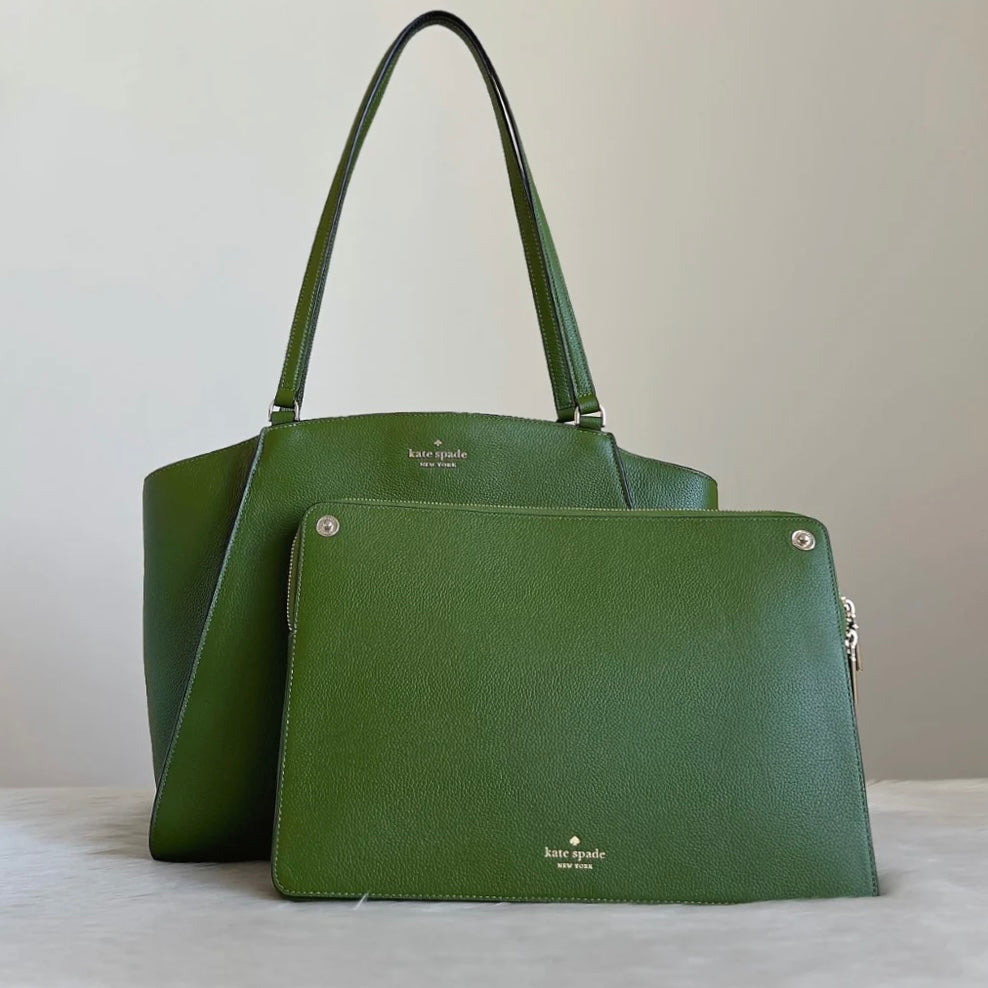 Kate Spade Green Leather Carryall Shoulder Bag + Clutch 2 in 1 Like New