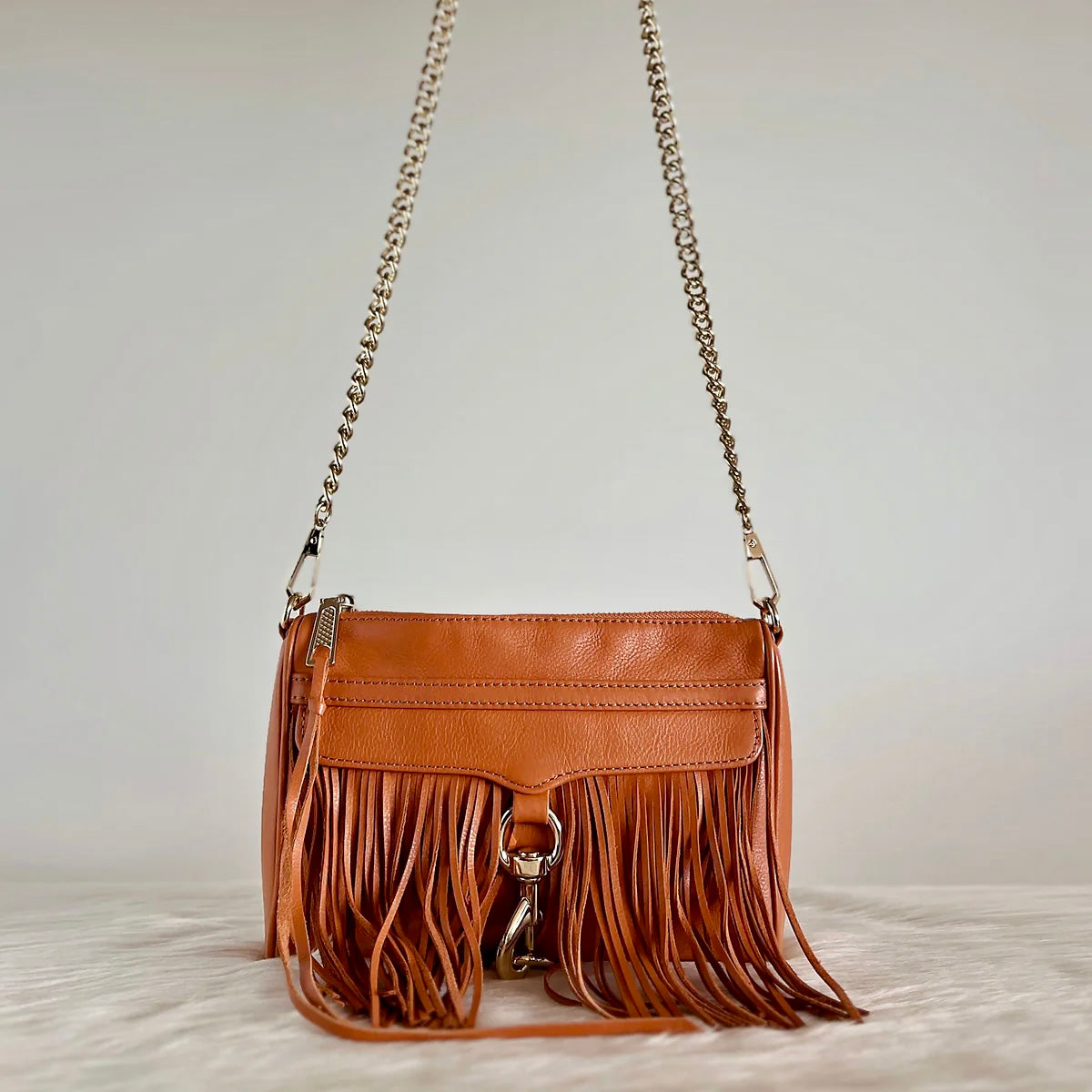Rebecca Minkoff Caramel Leather Fringe Detail Crossbody Shoulder Bag Like New