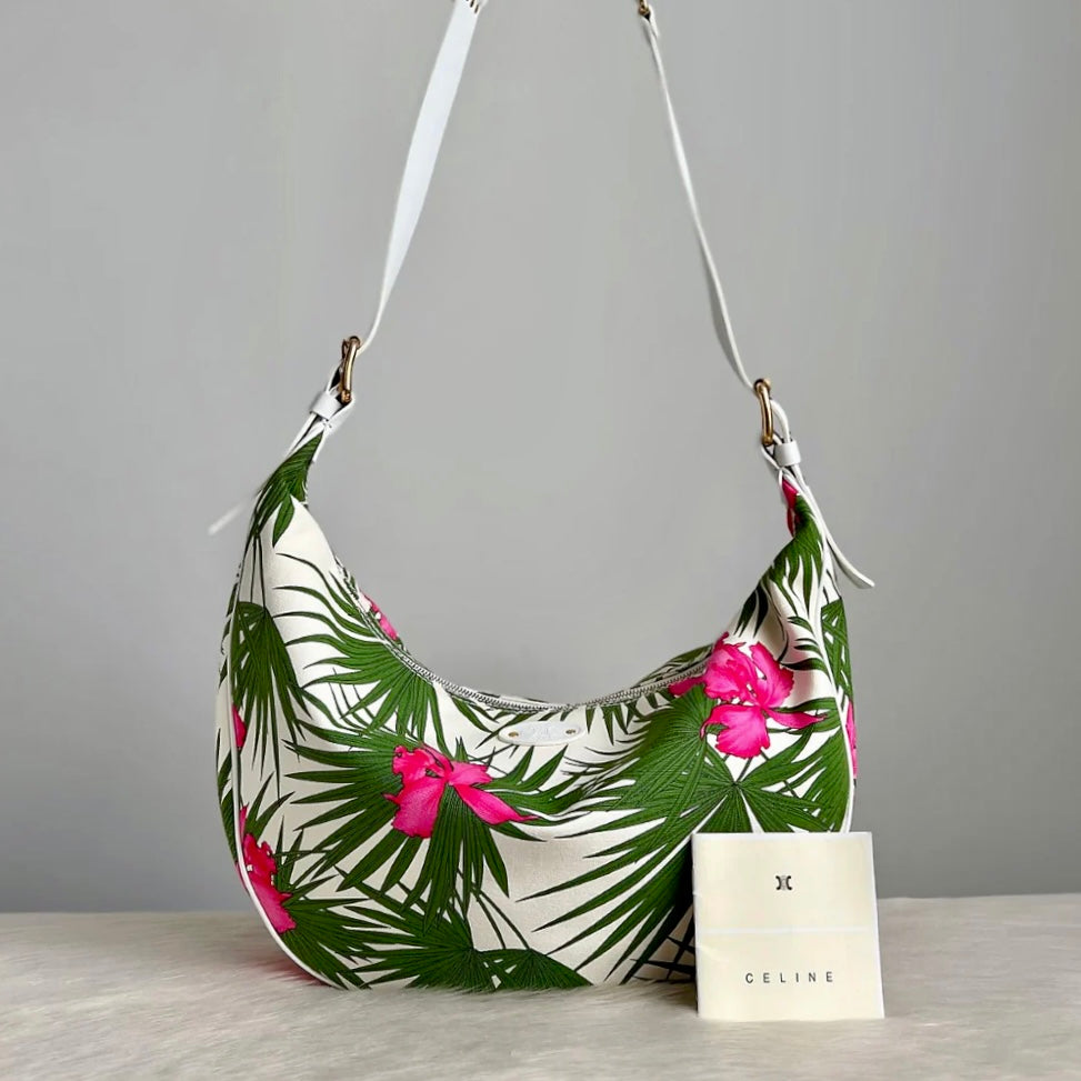 Celine White Leather Floral Slouchy Holiday Crossbody Shoulder Bag Excellent