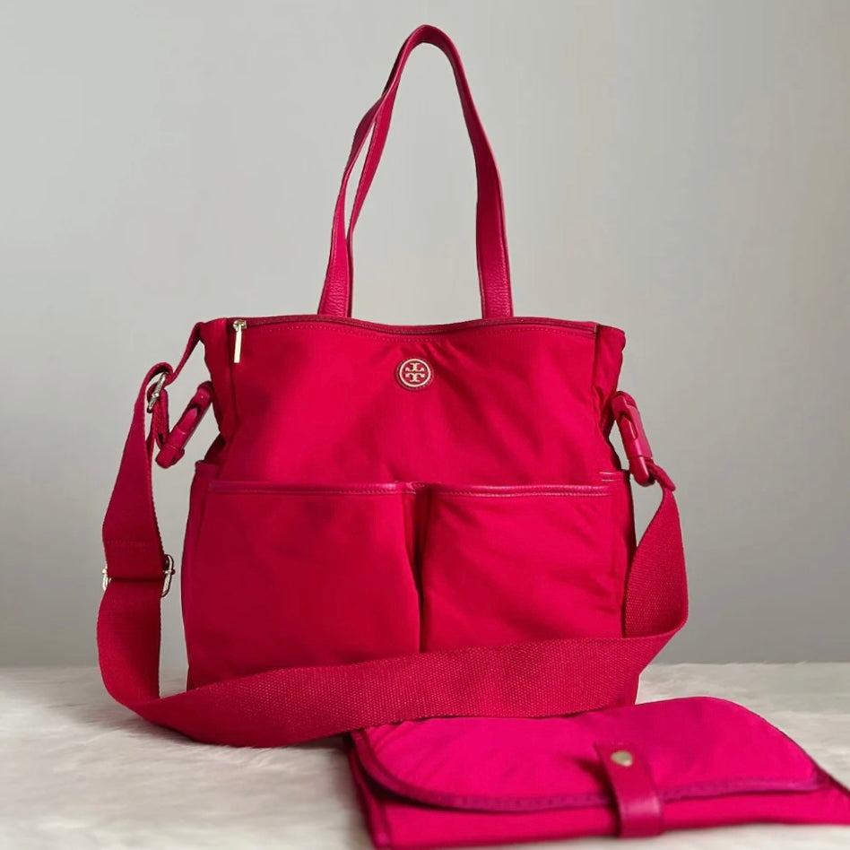 Tory Burch Fuchsia Leather Large 2 Way Shoulder Bag + Picnic Mat