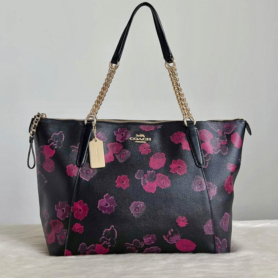 Coach Black Leather Floral Pattern Chain Carryall Detail Shoulder Bag