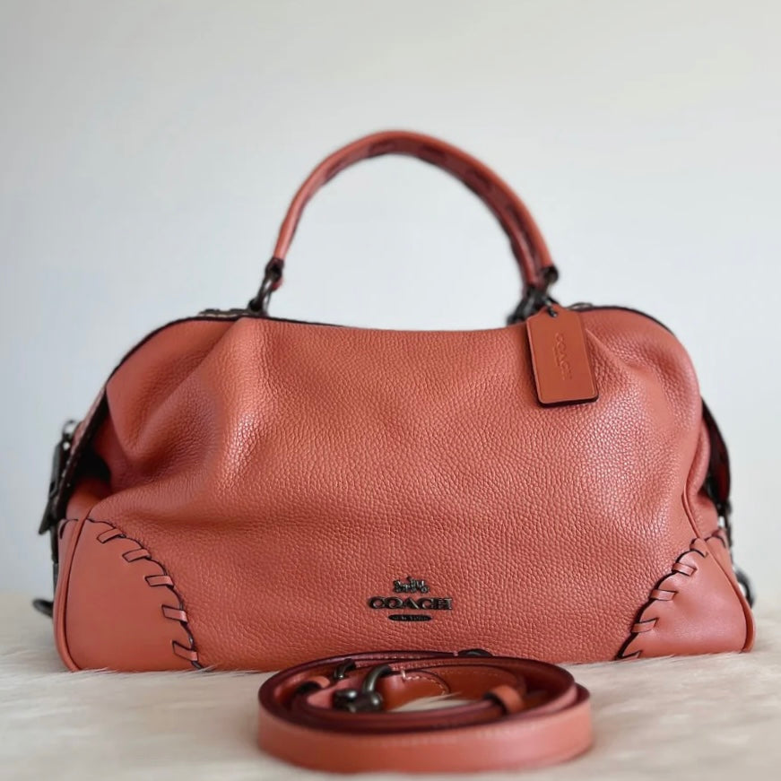 Coach Peach Leather Front Logo Boston 2 Way Shoulder Bag Like New