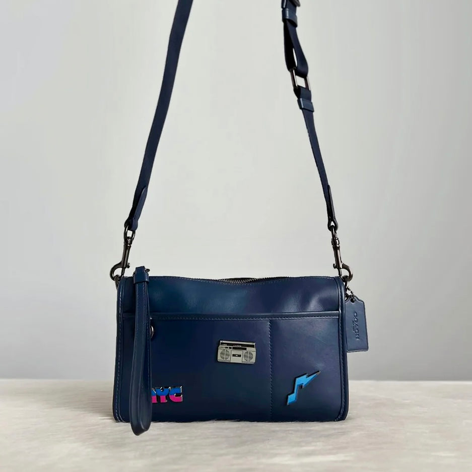 Coach Navy Leather Front Detail Double Compartment Crossbody Shoulder Bag Like New