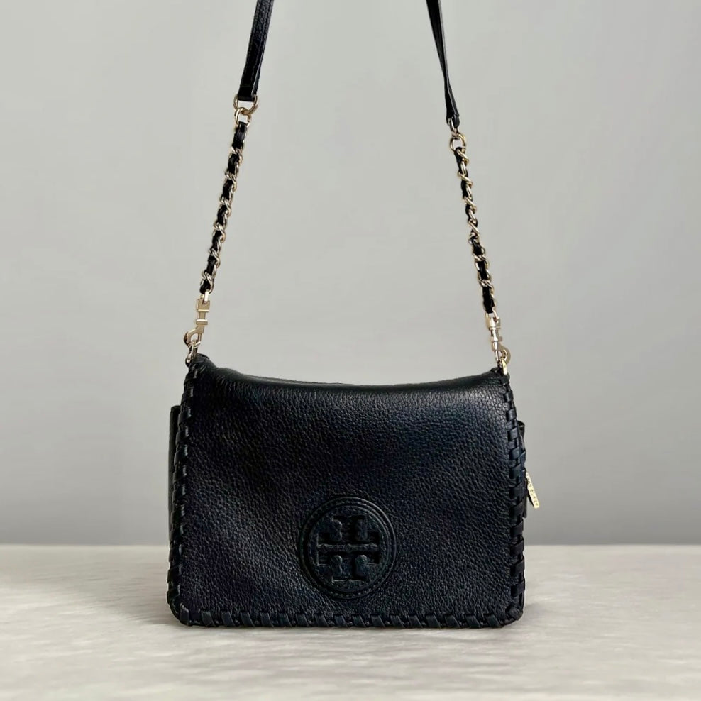 Tory Burch Black Leather Front Logo Chain Crossbody Shoulder Bag Excellent