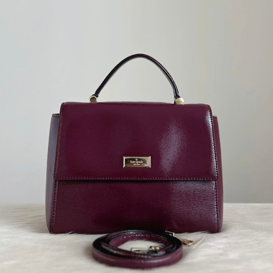 Kate Spade Patent Bordeaux Leather Front Logo 2 Way Shoulder Bag Excellent