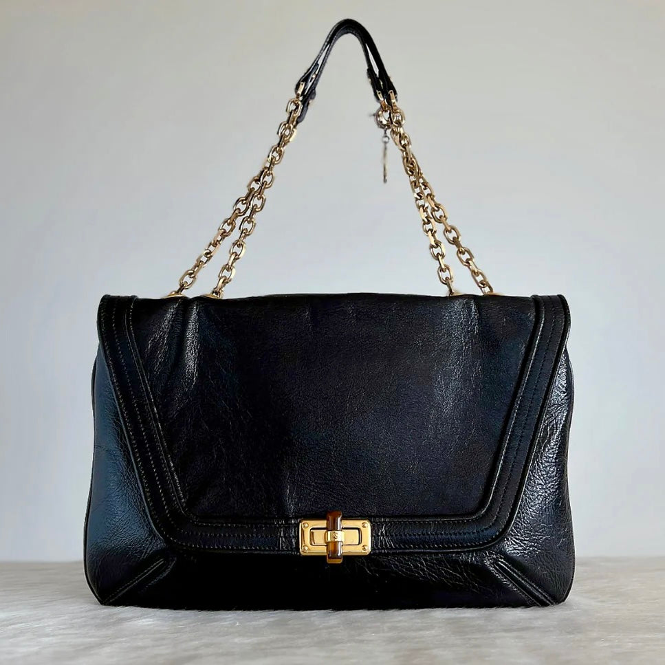 Lanvin Black Leather Turn Lock Flap Chain Detail 2 Way Shoulder Bag Excellent