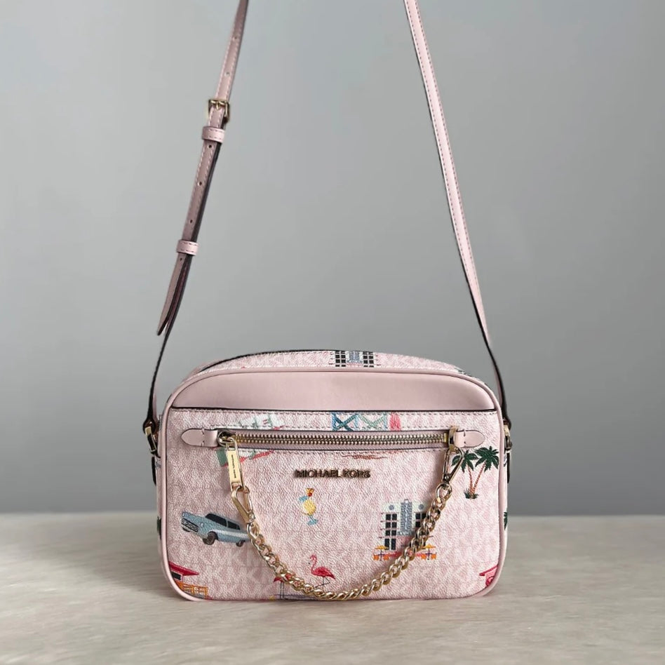 Michael Kors Pink Leather Monogram Chain Detail Crossbody Shoulder Bag Like New