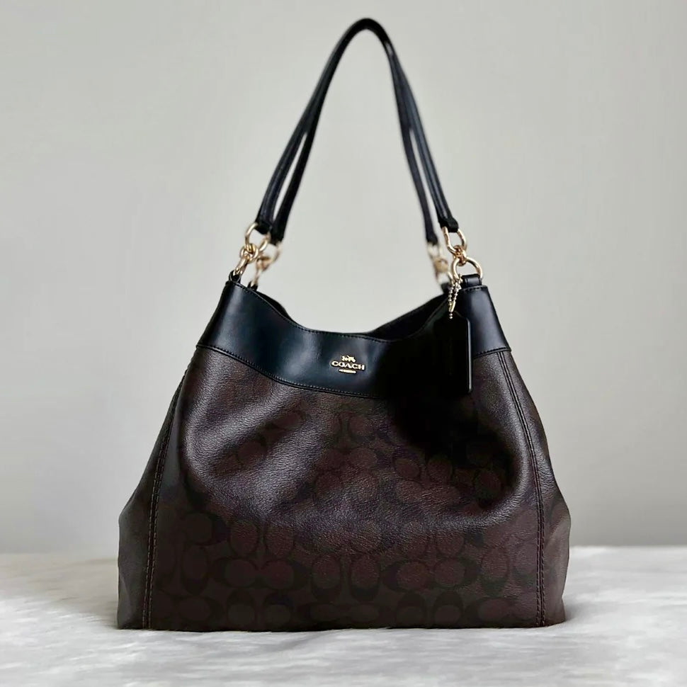 Coach Black Leather Monogram Triple Compartment Shoulder Bag Like New