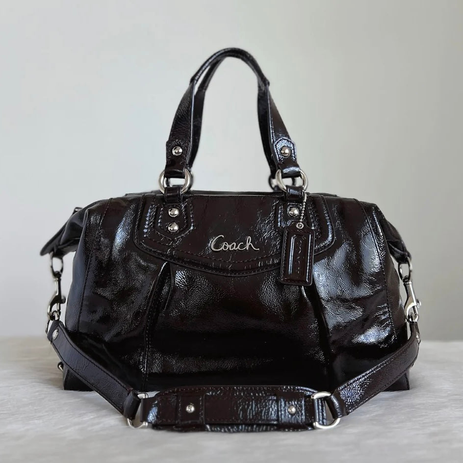 Coach Patent Black Leather Front Logo Boston 2 Way Shoulder Bag Excellent