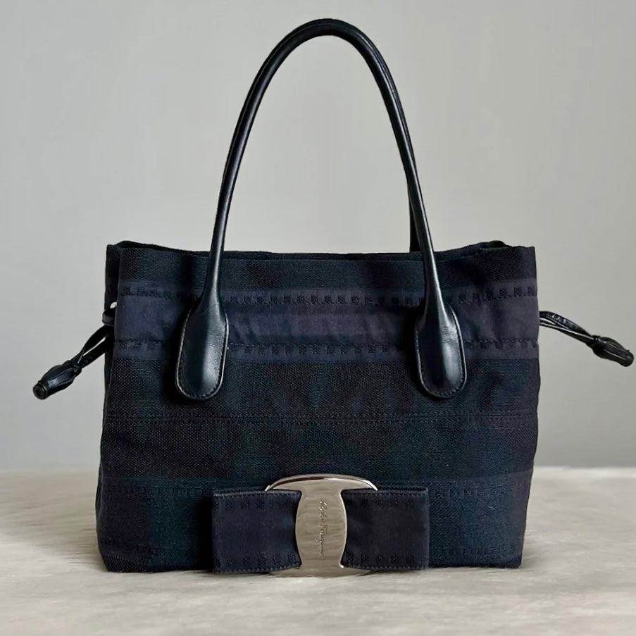 Salvatore Ferragamo Black Leather Denim Front Bow Detail Tote Bag Excellent