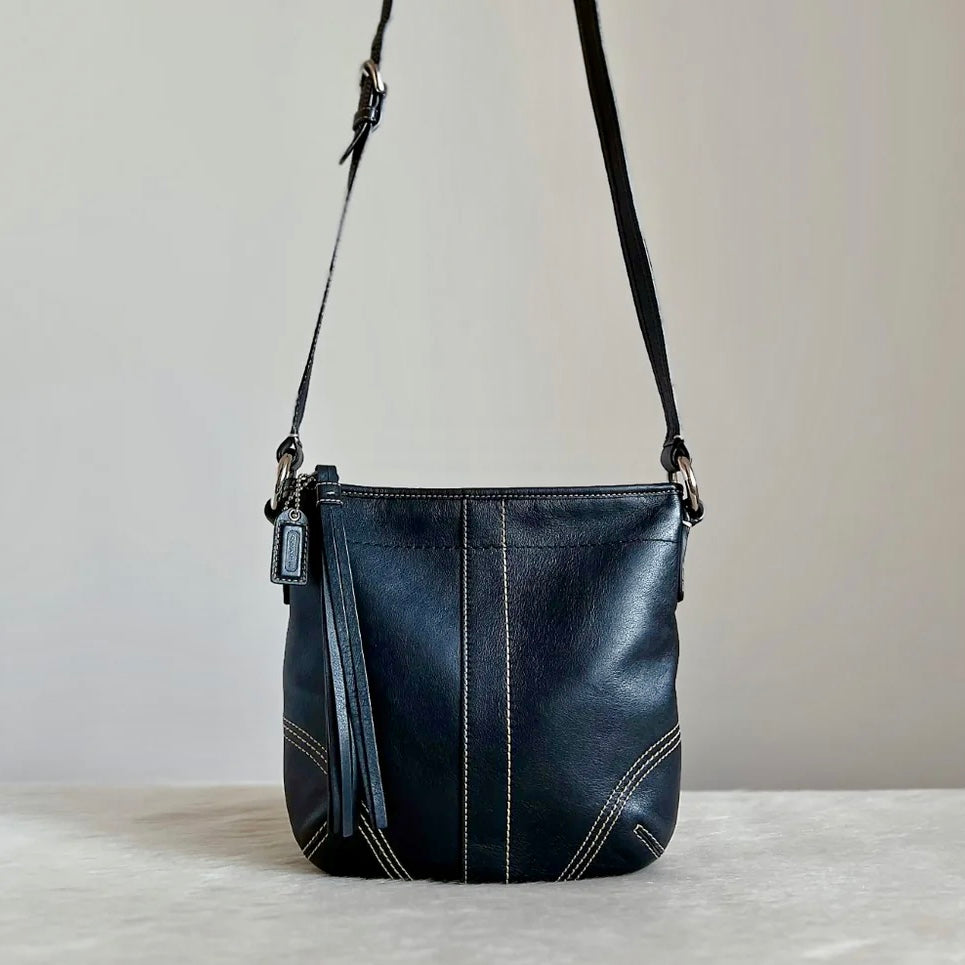 Coach Black Leather Tassel Charm Crossbody Shoulder Bag Excellent