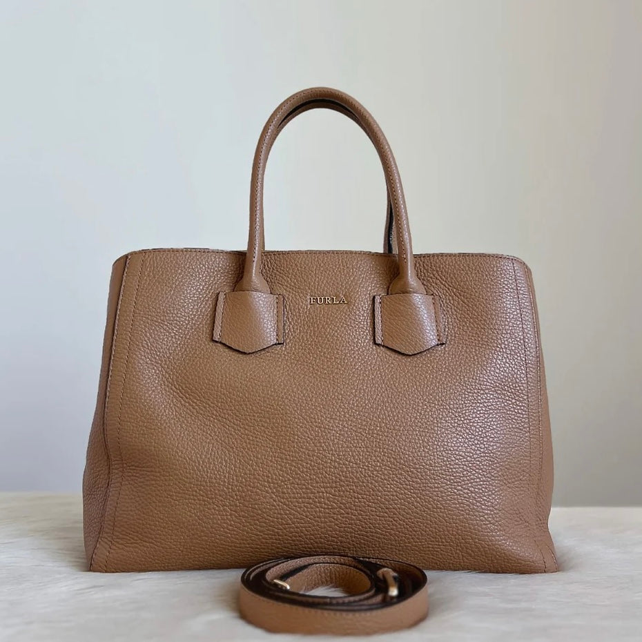 Furla Caramel Leather Triple Compartment 2 Way Shoulder Bag Excellent