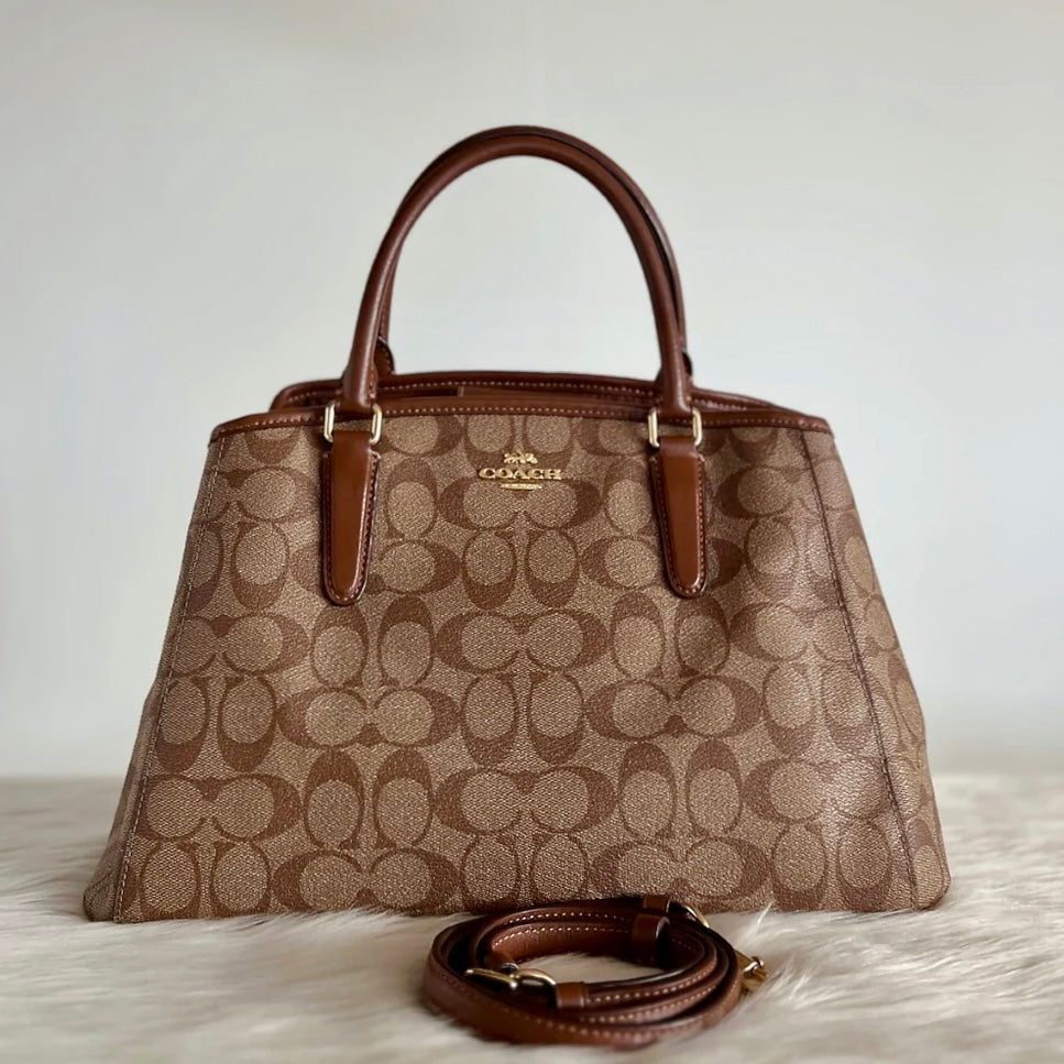 Coach Caramel Leather Monogram Triple Compartment 2 Way Shoulder Bag Excellent