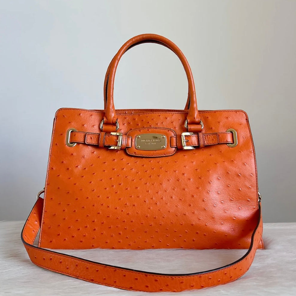 Michael Kors Orange Ostrich Print Leather Hamilton Large 2 Way Shoulder Bag Excellent