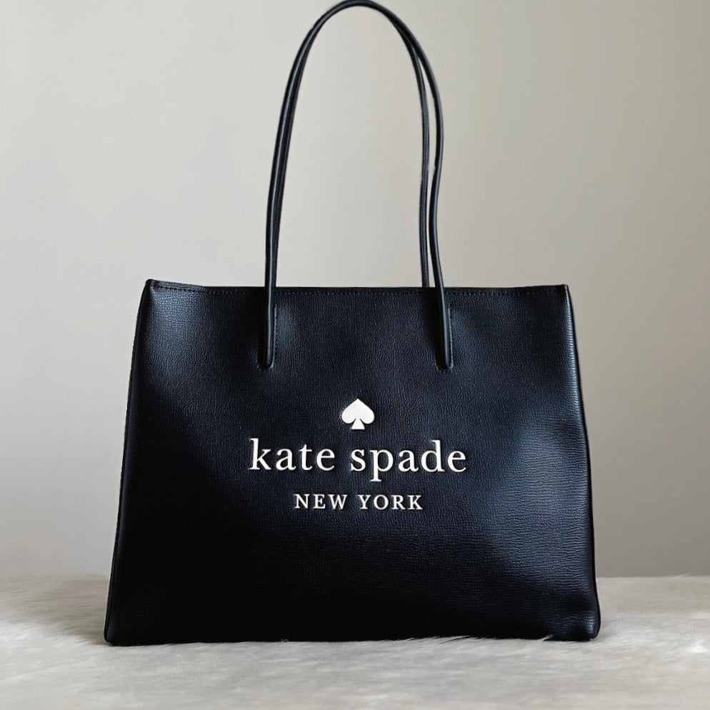 Kate Spade Black Leather Front Logo Carryall Tote Shoulder Bag Like New