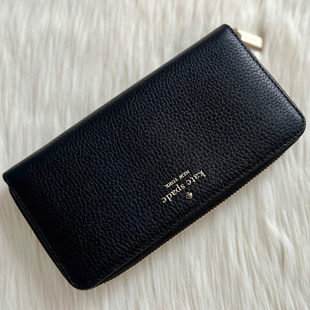 Kate Spade Black Leather Front Logo Zip Compartment Long Wallet Like New