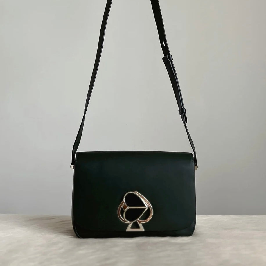 Kate Spade Dark Green Leather Heart Trun Lock Crossbody Shoulder Bag Excellent