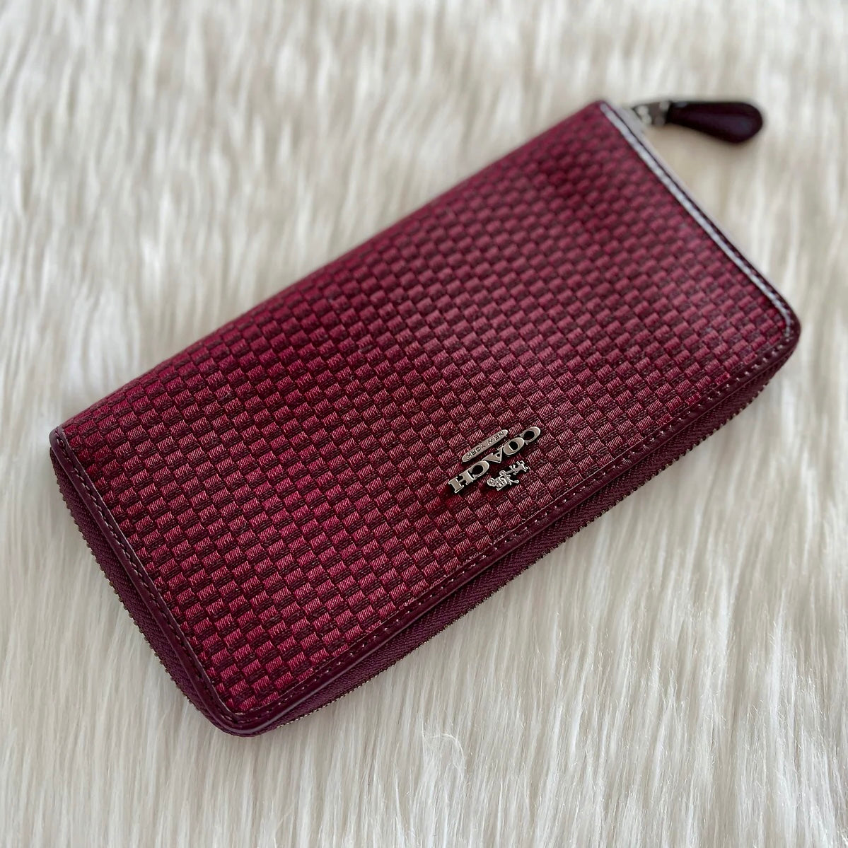 Coach Burgundy Leather Check Pattern Long Wallet Like New