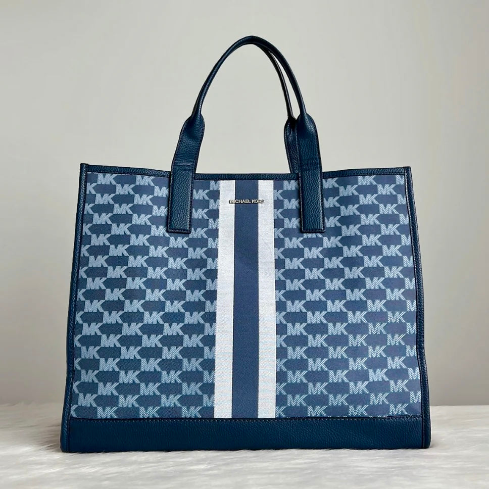 Michael Kors Navy Leather Monogram Oversized Book Tote Shoulder Bag Like New