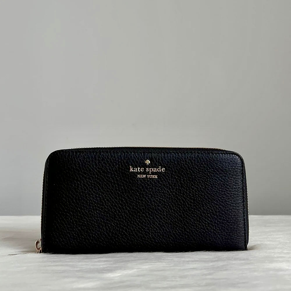 Kate Spade Black Leather Front Logo Zip Compartment Long Wallet Like New