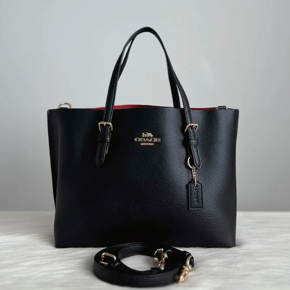 Coach Black Leather Front Logo Triple Compartment 2 Way Shoulder Bag Like New