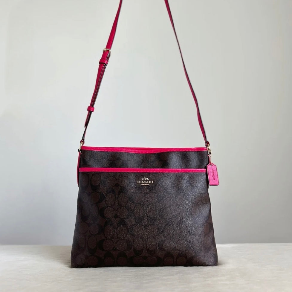 Coach Fuchsia Leather Monogram Front Logo Crossbody Shoulder Bag Excellent