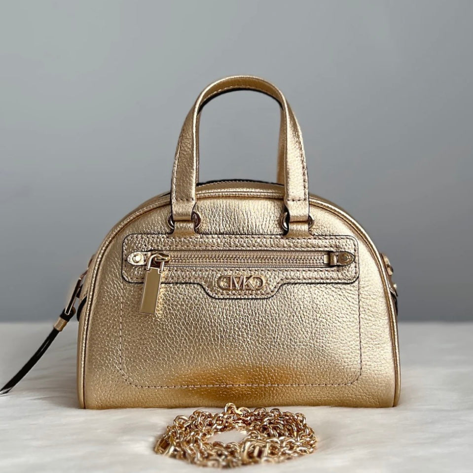 Michael Kors Gold Leather Front Logo Mini Boston 2 Way Shoulder Bag Like New