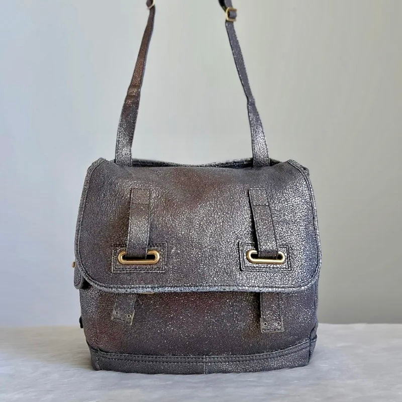Saint Laurent YSL Metallic Silver Leather Messenger Shoulder Bag Excellent