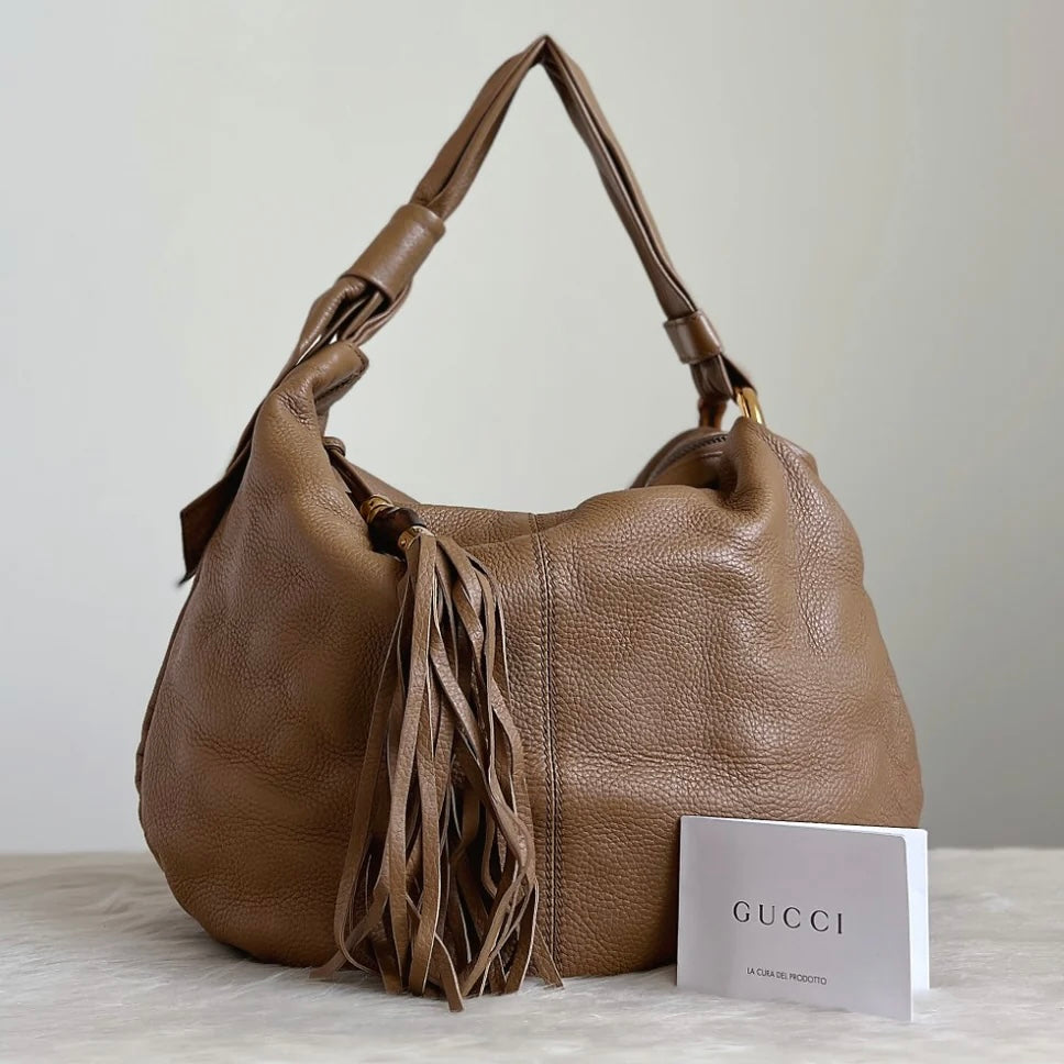 Gucci Mocha Leather Side Bow Tassel Detail Slouchy Shoulder Bag Excellent