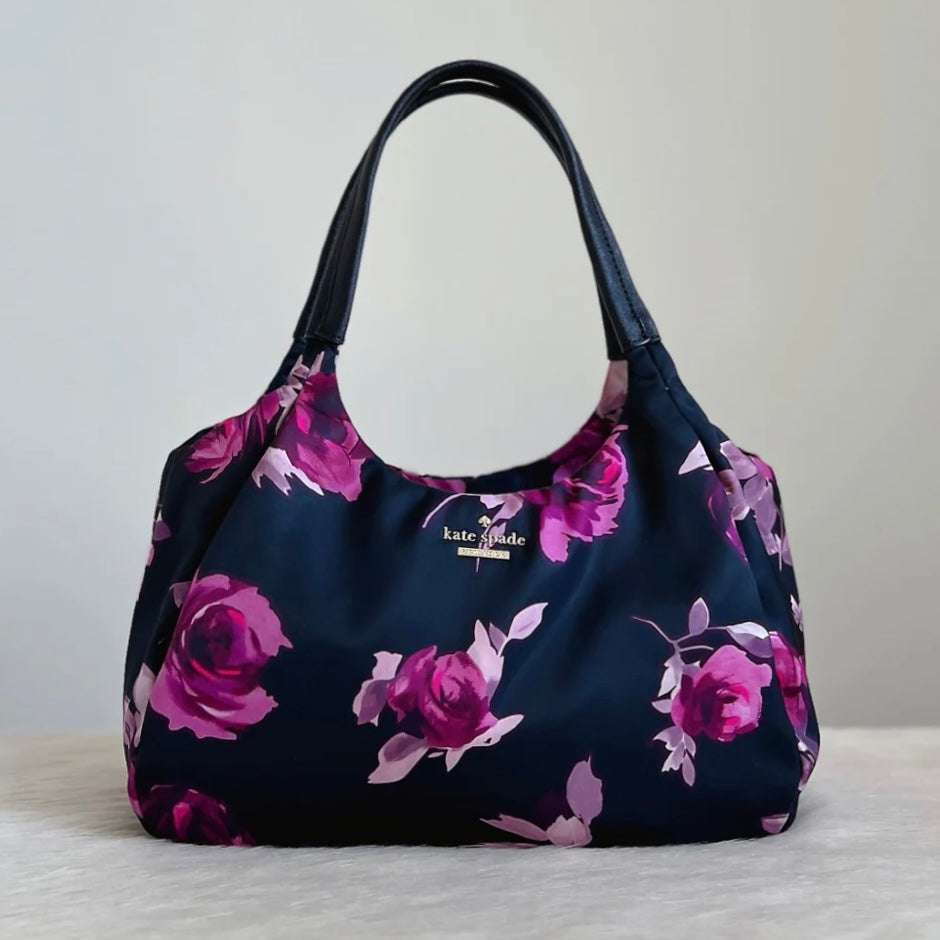 Kate Spade Black Leather Floral Pattern Shopper Shoulder Bag Excellent